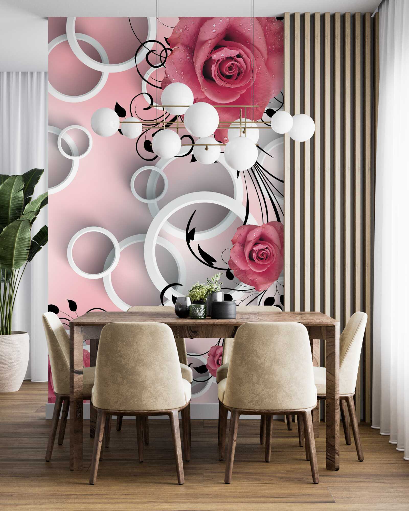 Фотошпалери рожеві троянди світлих відтінків на тлі того ж кольору з білими колами