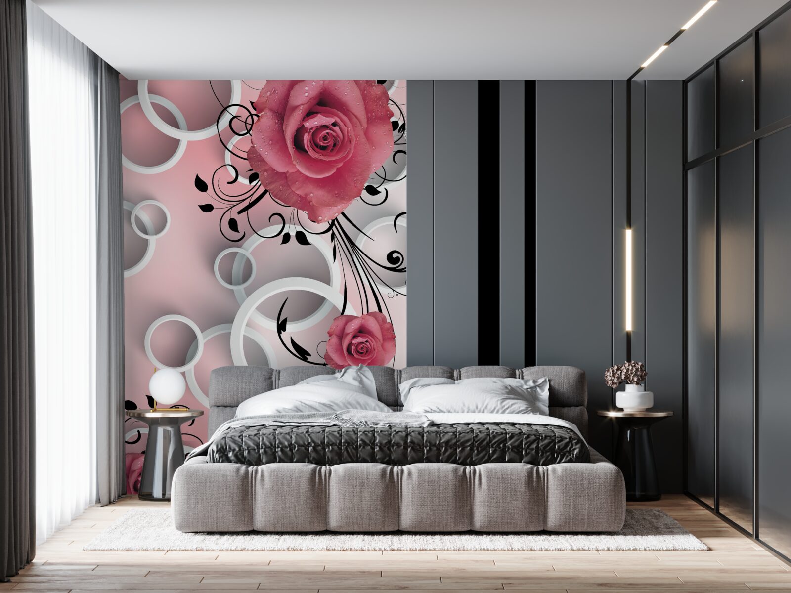 Фотошпалери рожеві троянди світлих відтінків на тлі того ж кольору з білими колами