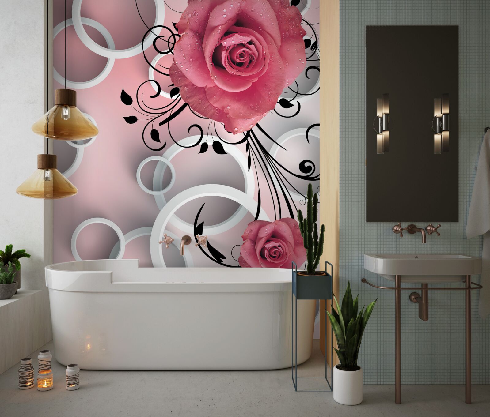 Фотошпалери рожеві троянди світлих відтінків на тлі того ж кольору з білими колами