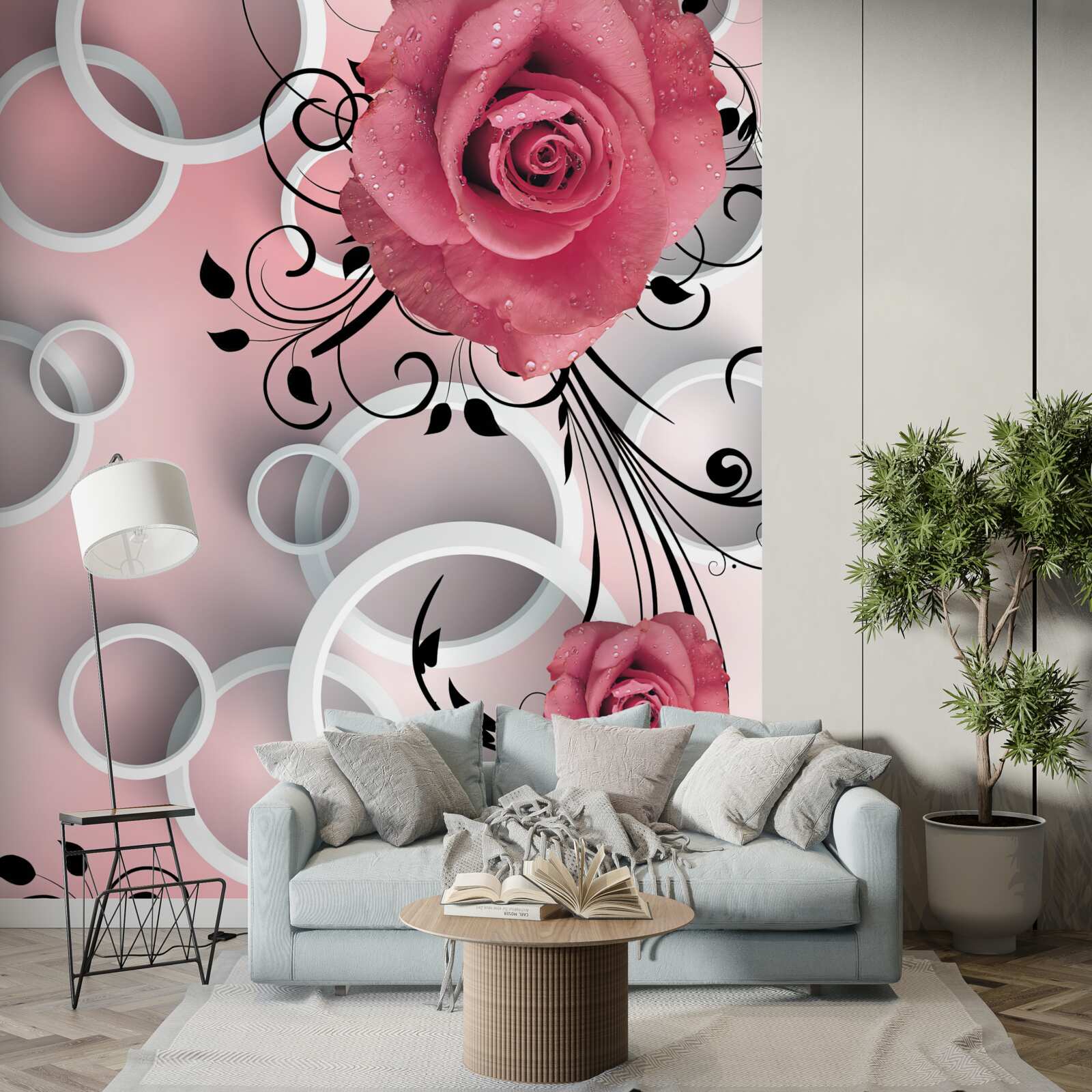 Фотошпалери рожеві троянди світлих відтінків на тлі того ж кольору з білими колами