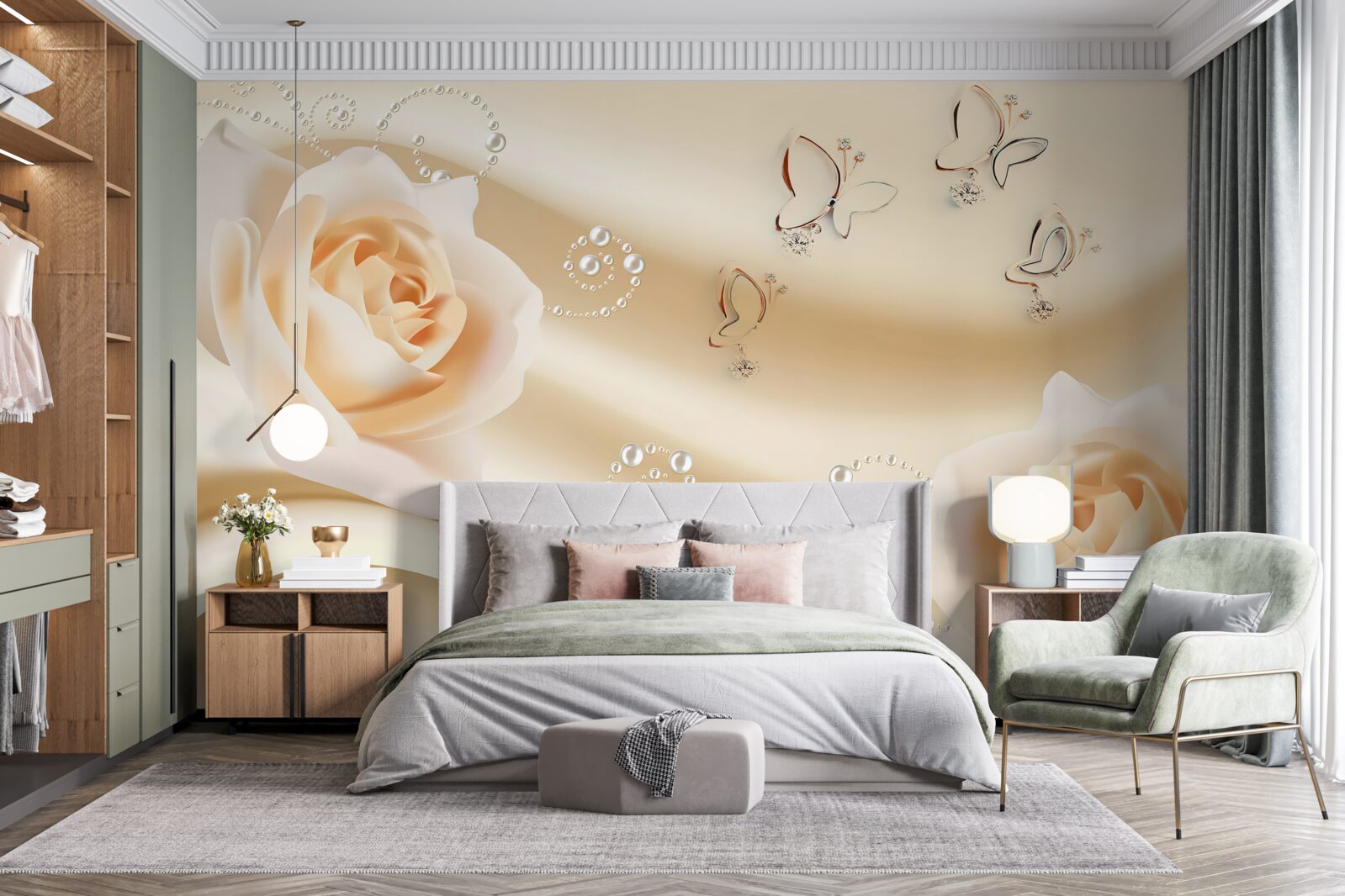 Фотошпалери тканина кремового кольору та пара троянд