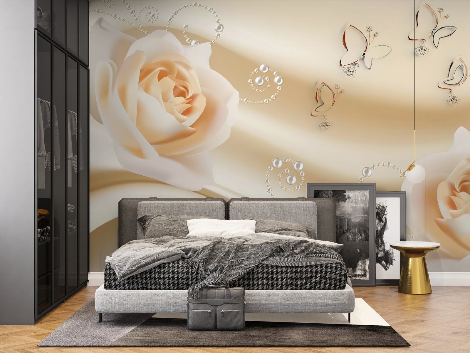 Фотошпалери тканина кремового кольору та пара троянд