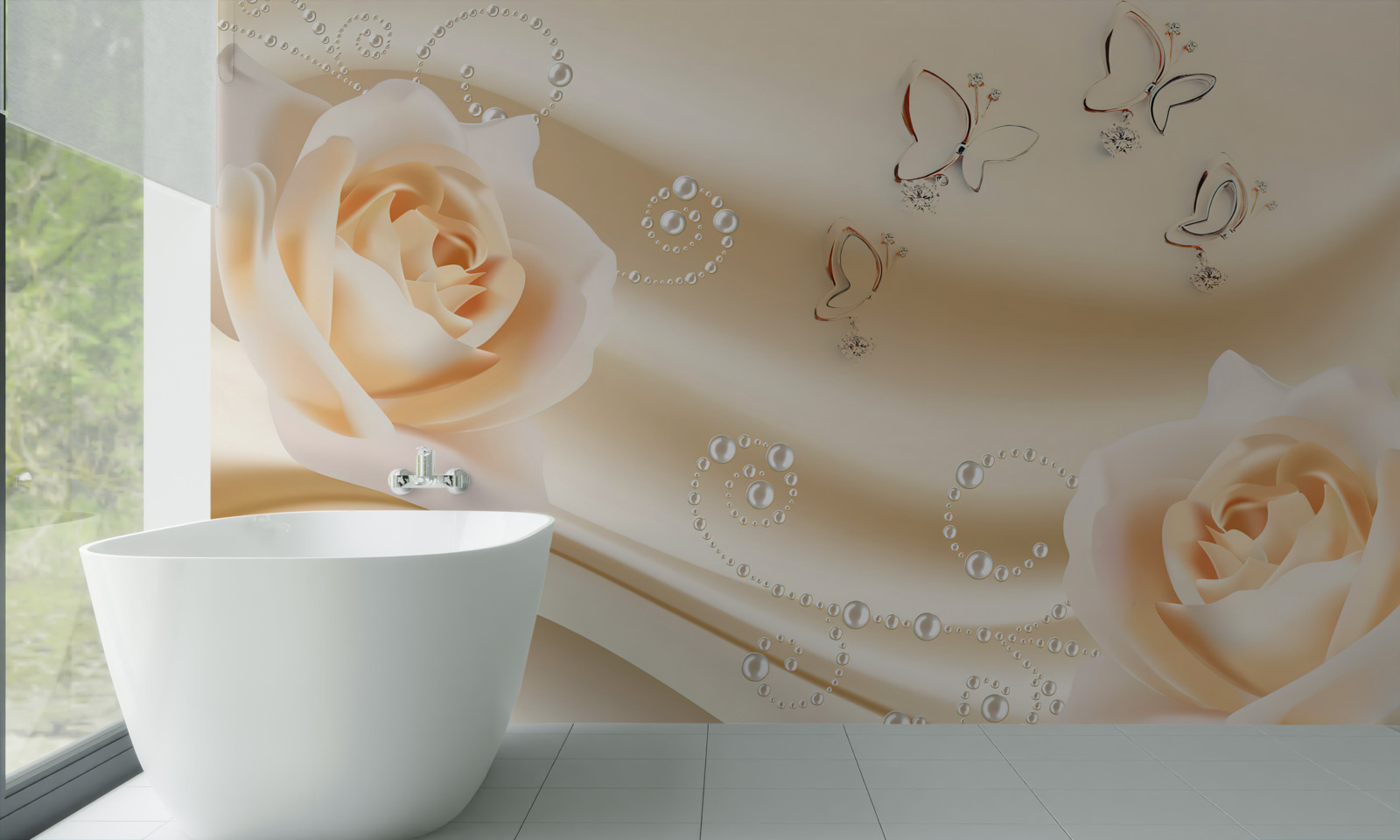 Фотошпалери тканина кремового кольору та пара троянд