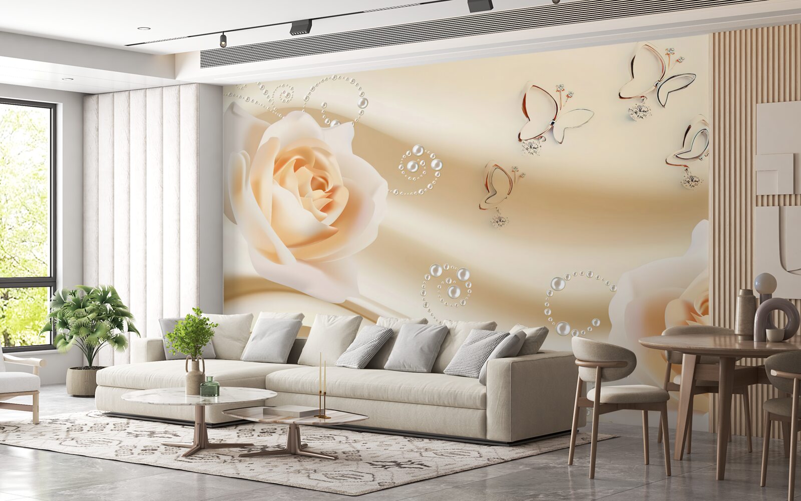 Фотошпалери тканина кремового кольору та пара троянд