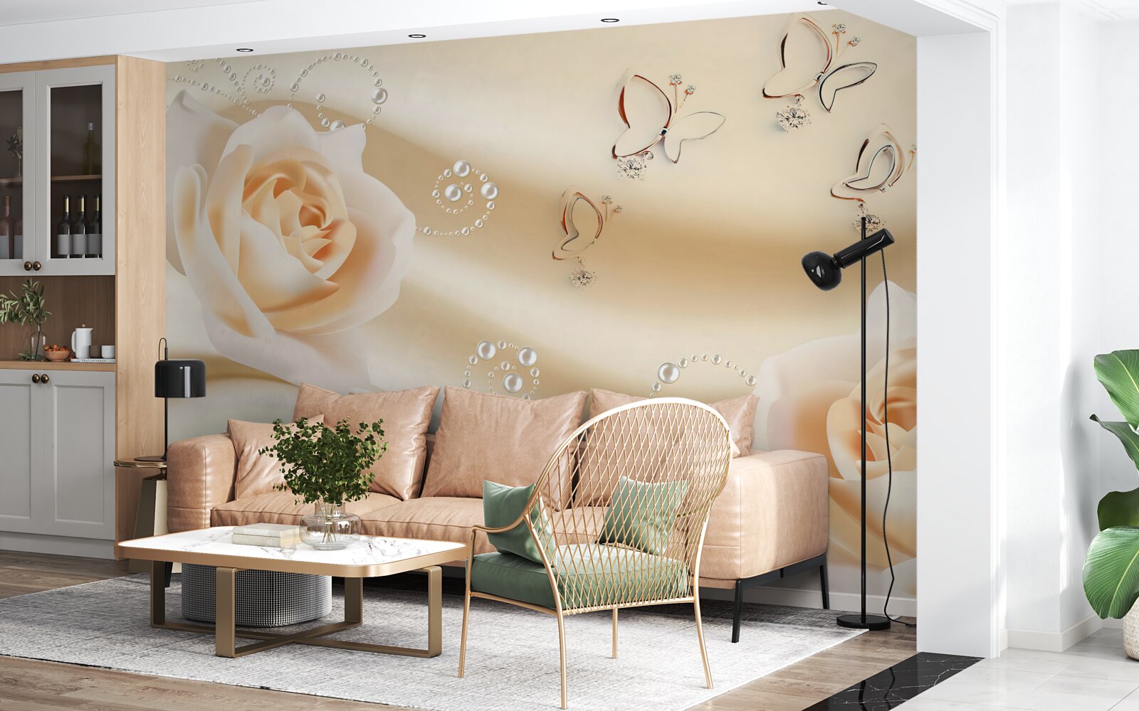 Фотошпалери тканина кремового кольору та пара троянд