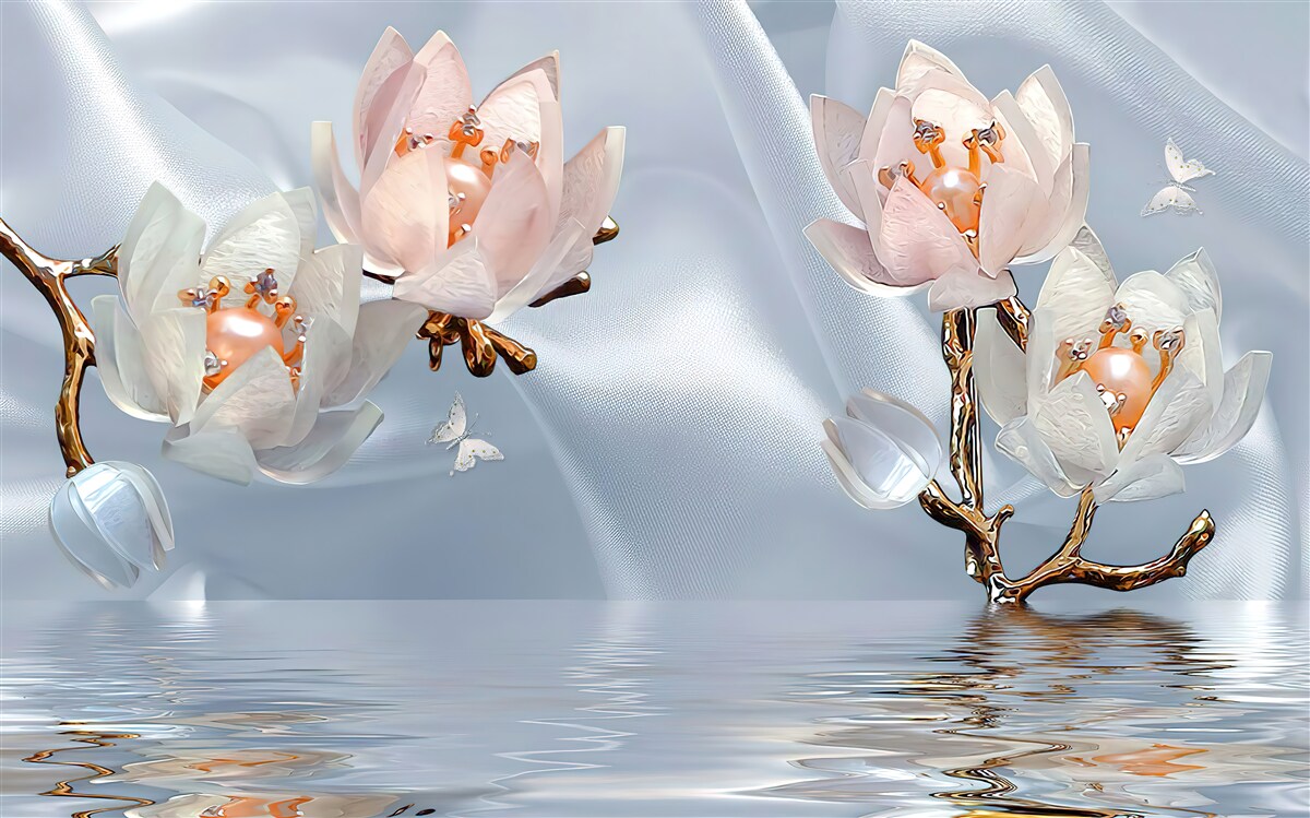 Фотошпалери на гілках над водою розпустилися великі білі квіти