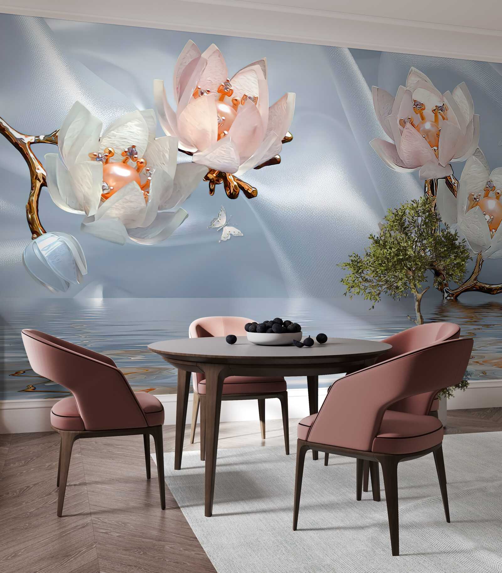 Фотошпалери на гілках над водою розпустилися великі білі квіти