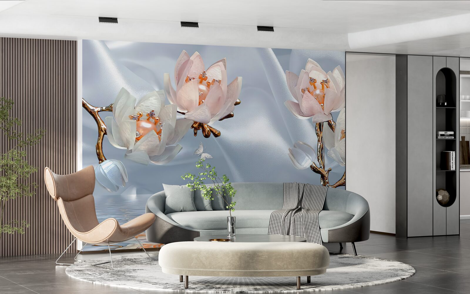 Фотошпалери на гілках над водою розпустилися великі білі квіти