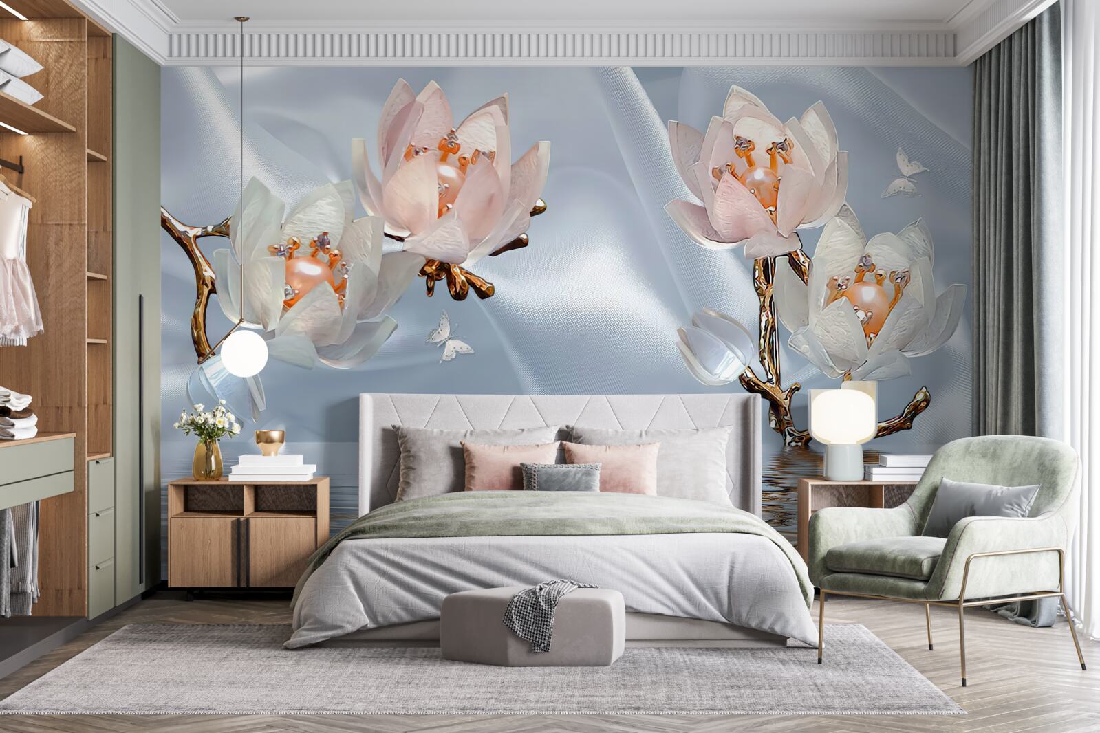 Фотошпалери на гілках над водою розпустилися великі білі квіти