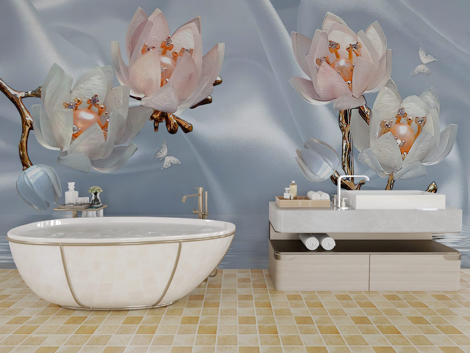 Фотошпалери на гілках над водою розпустилися великі білі квіти