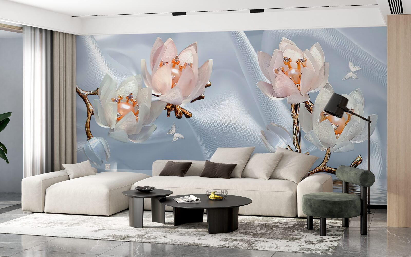 Фотошпалери на гілках над водою розпустилися великі білі квіти