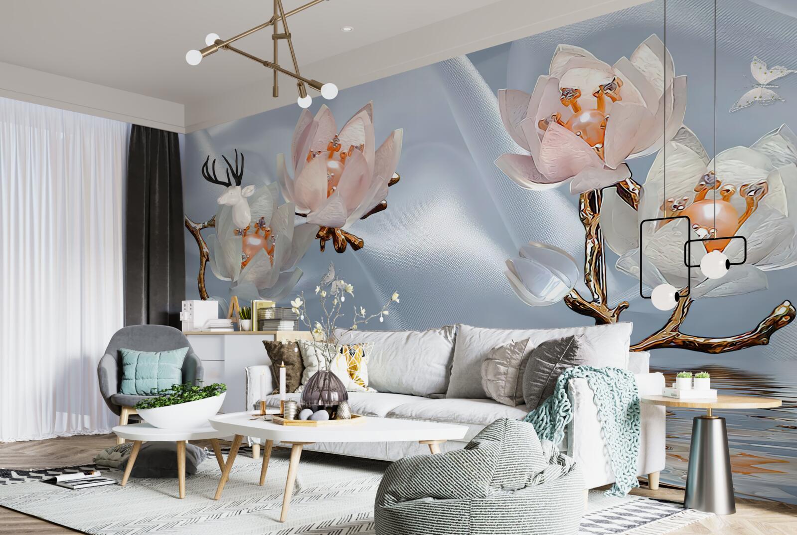 Фотошпалери на гілках над водою розпустилися великі білі квіти