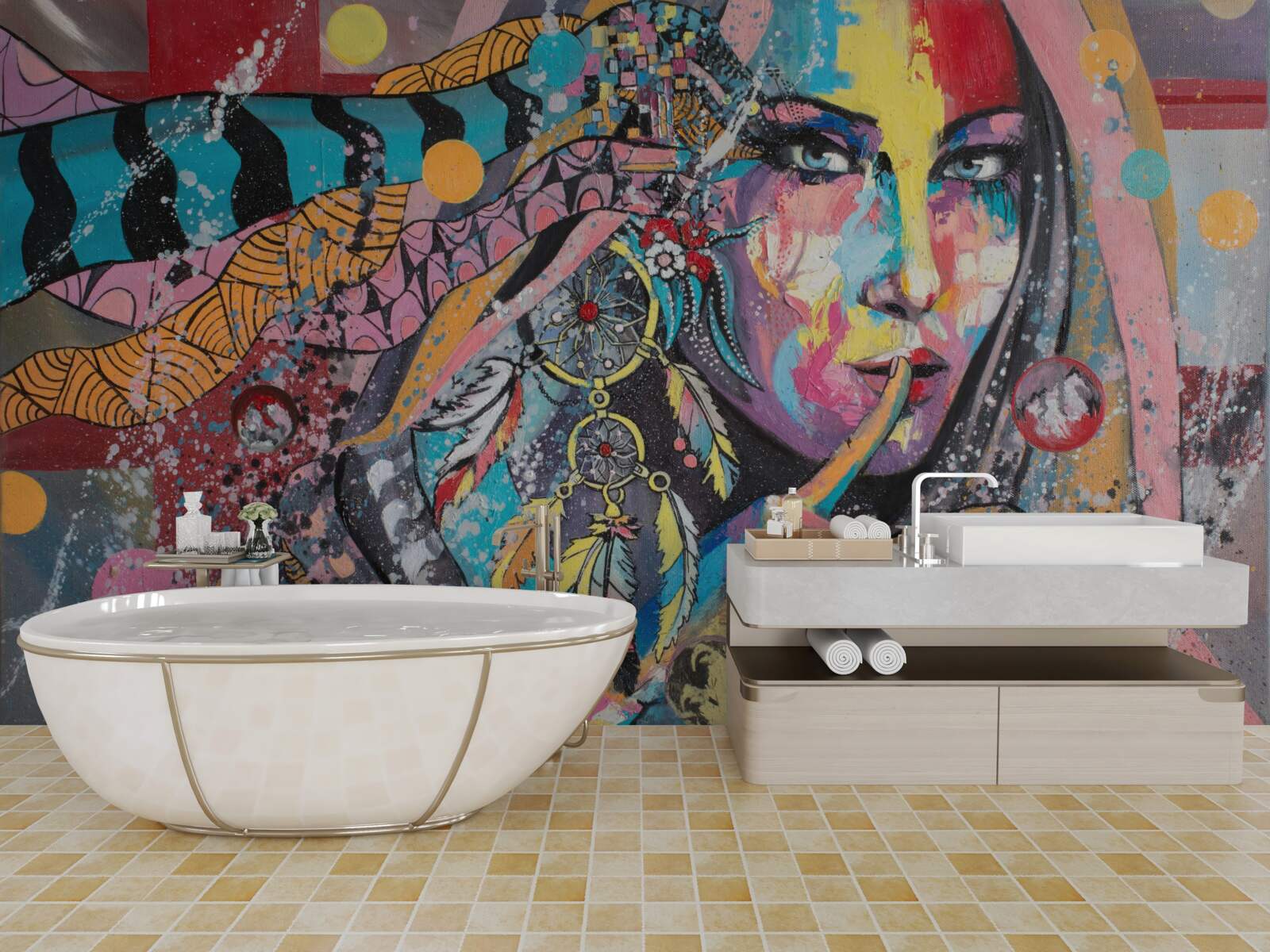 Фотошпалери ілюстрація дівчинки в різних яскравих кольорах