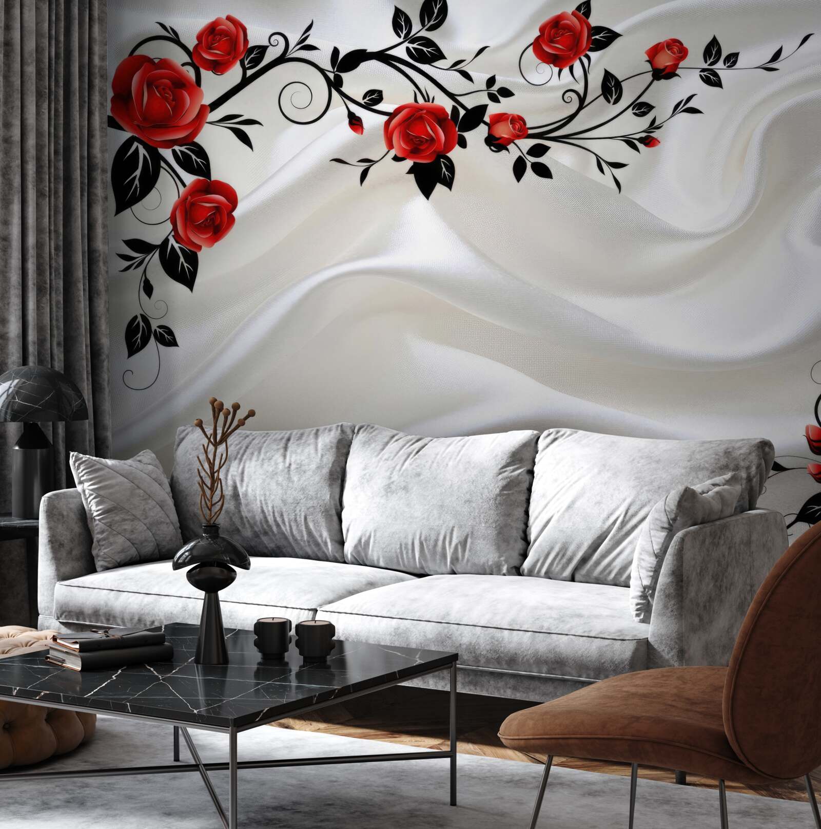 Фотошпалери білі атласні та червоні троянди