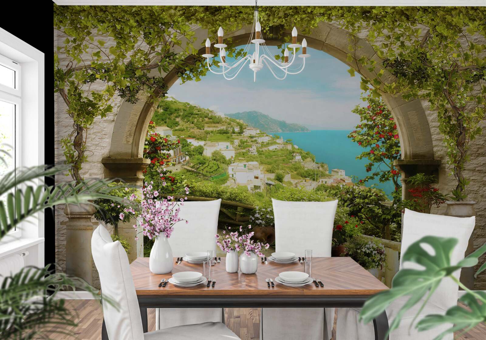 Фотошпалери стовпи, що ведуть до саду, повного квітів