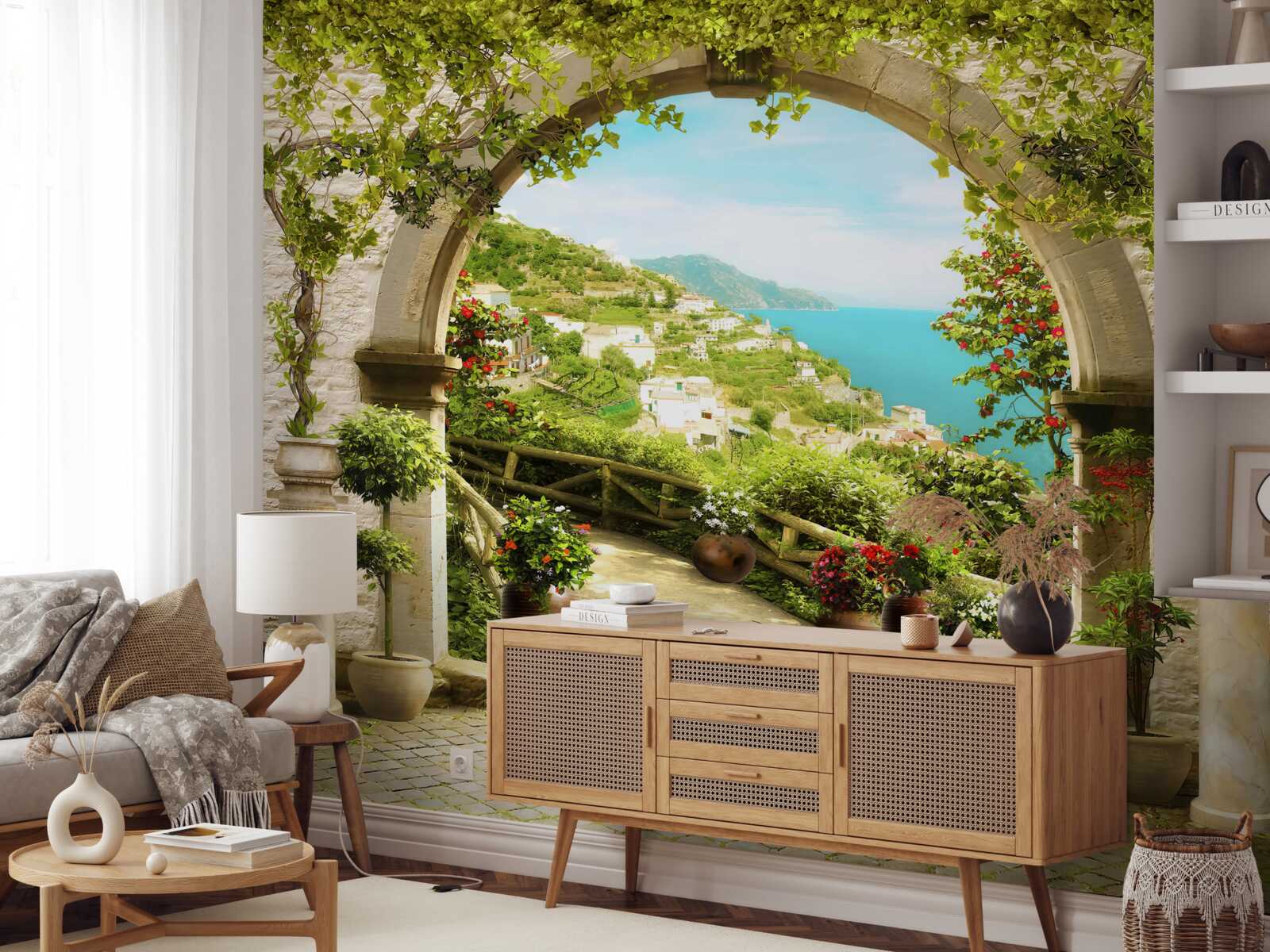 Фотошпалери стовпи, що ведуть до саду, повного квітів