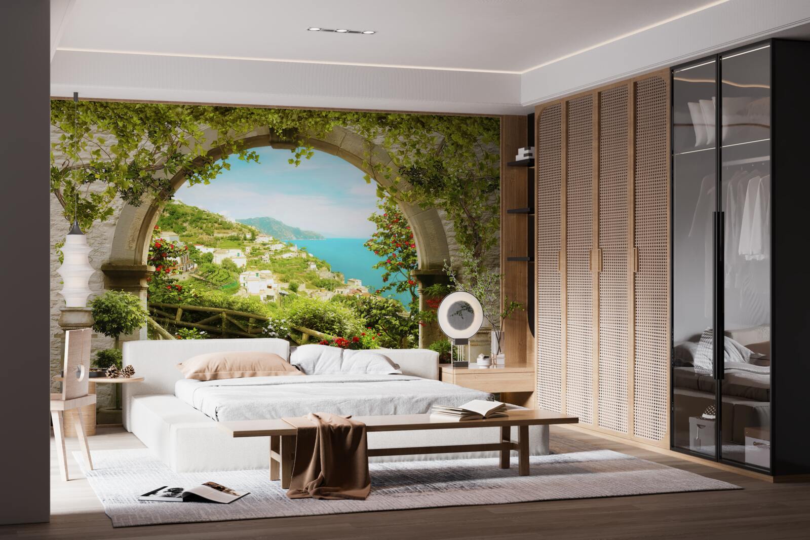 Фотошпалери стовпи, що ведуть до саду, повного квітів