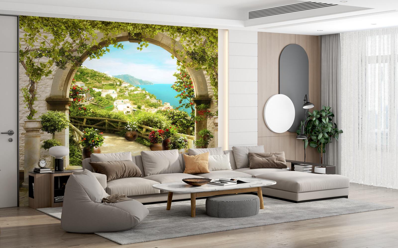 Фотошпалери стовпи, що ведуть до саду, повного квітів