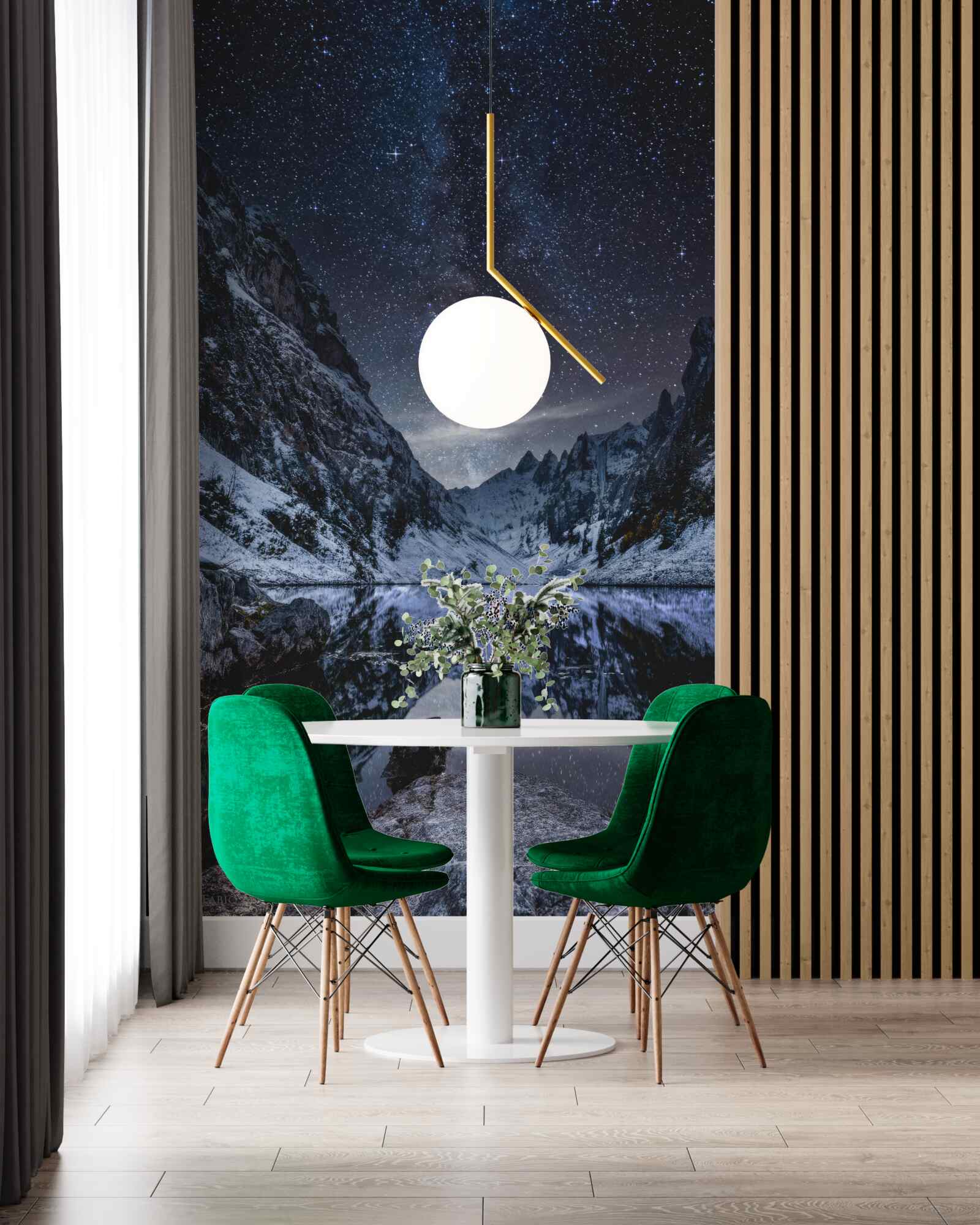 Фотошпалери зоряне нічне небо над горами та річкою