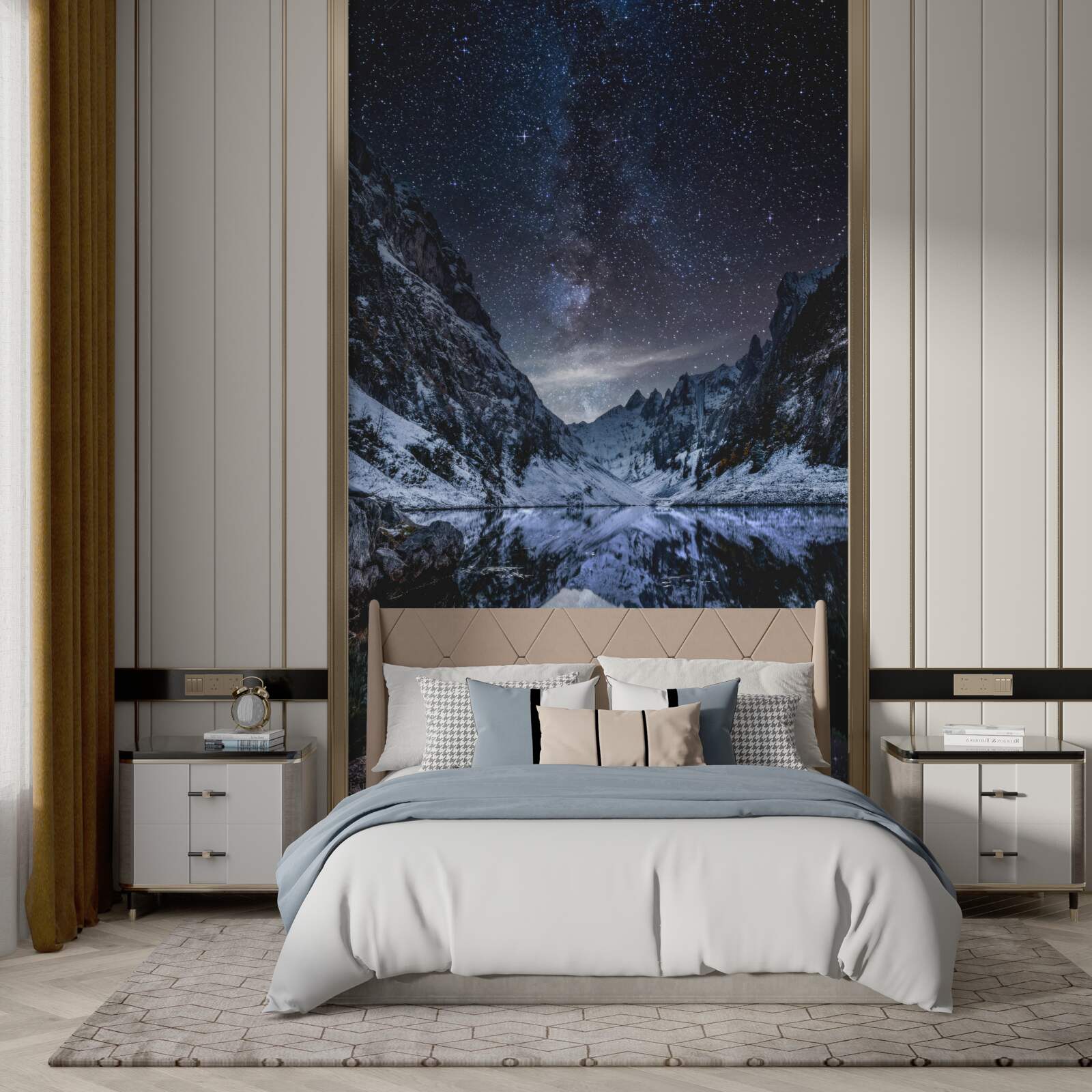 Фотошпалери зоряне нічне небо над горами та річкою