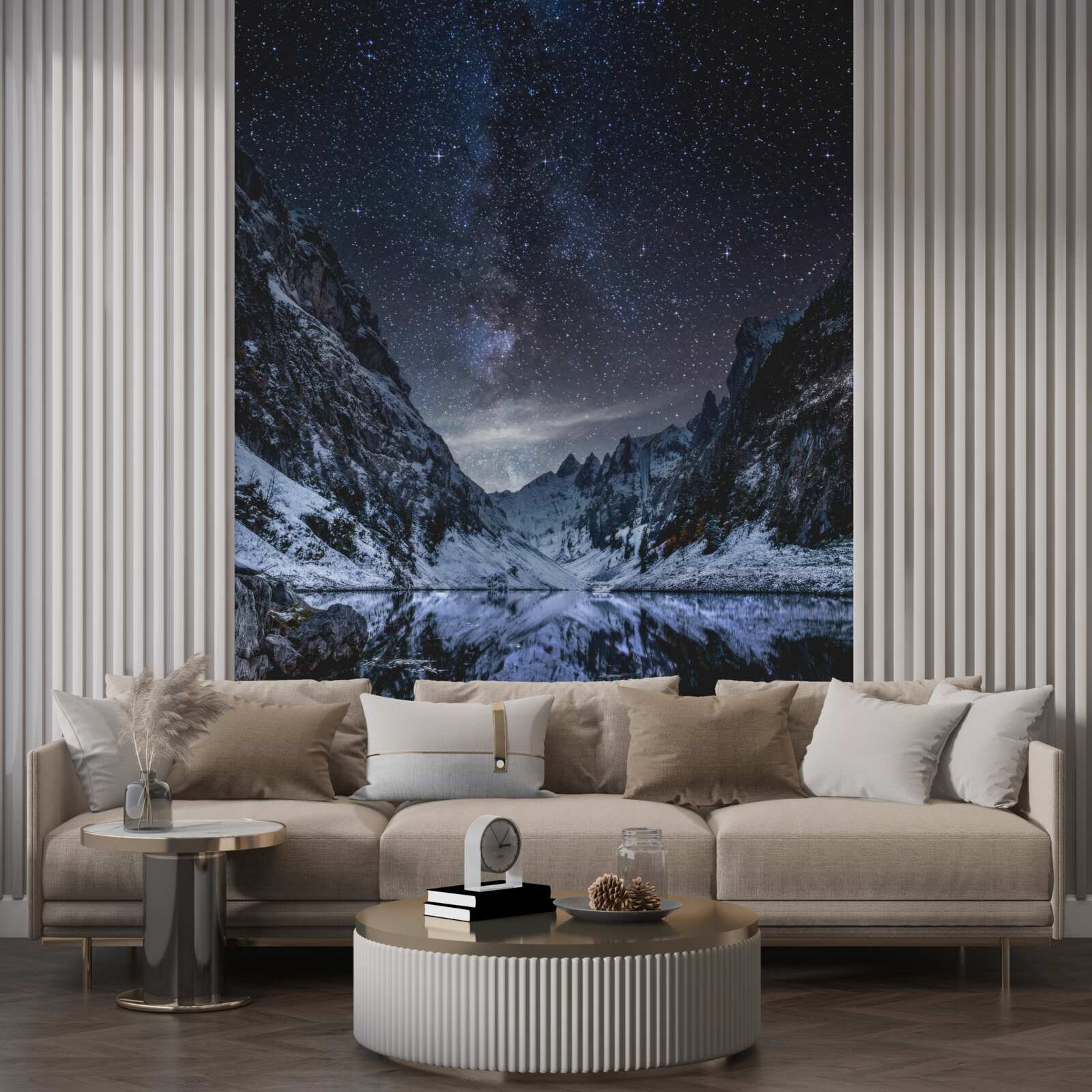 Фотошпалери зоряне нічне небо над горами та річкою