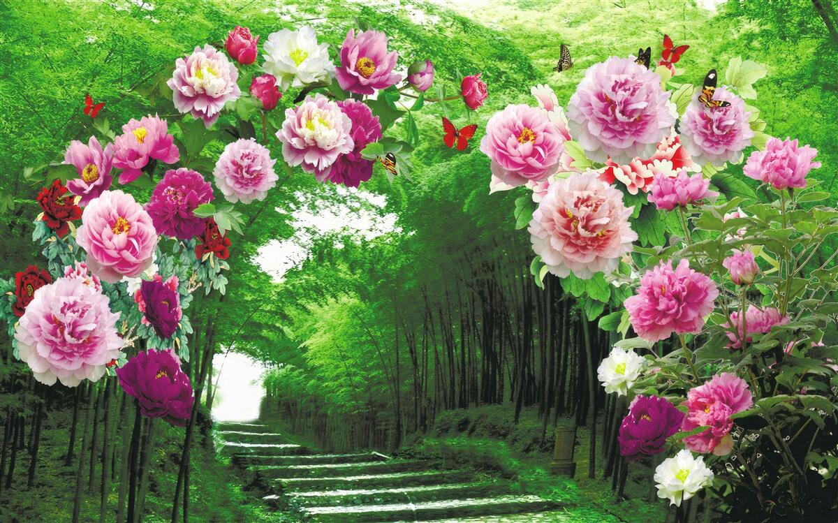 Фотошпалери рожеві квіти на вході до лісу