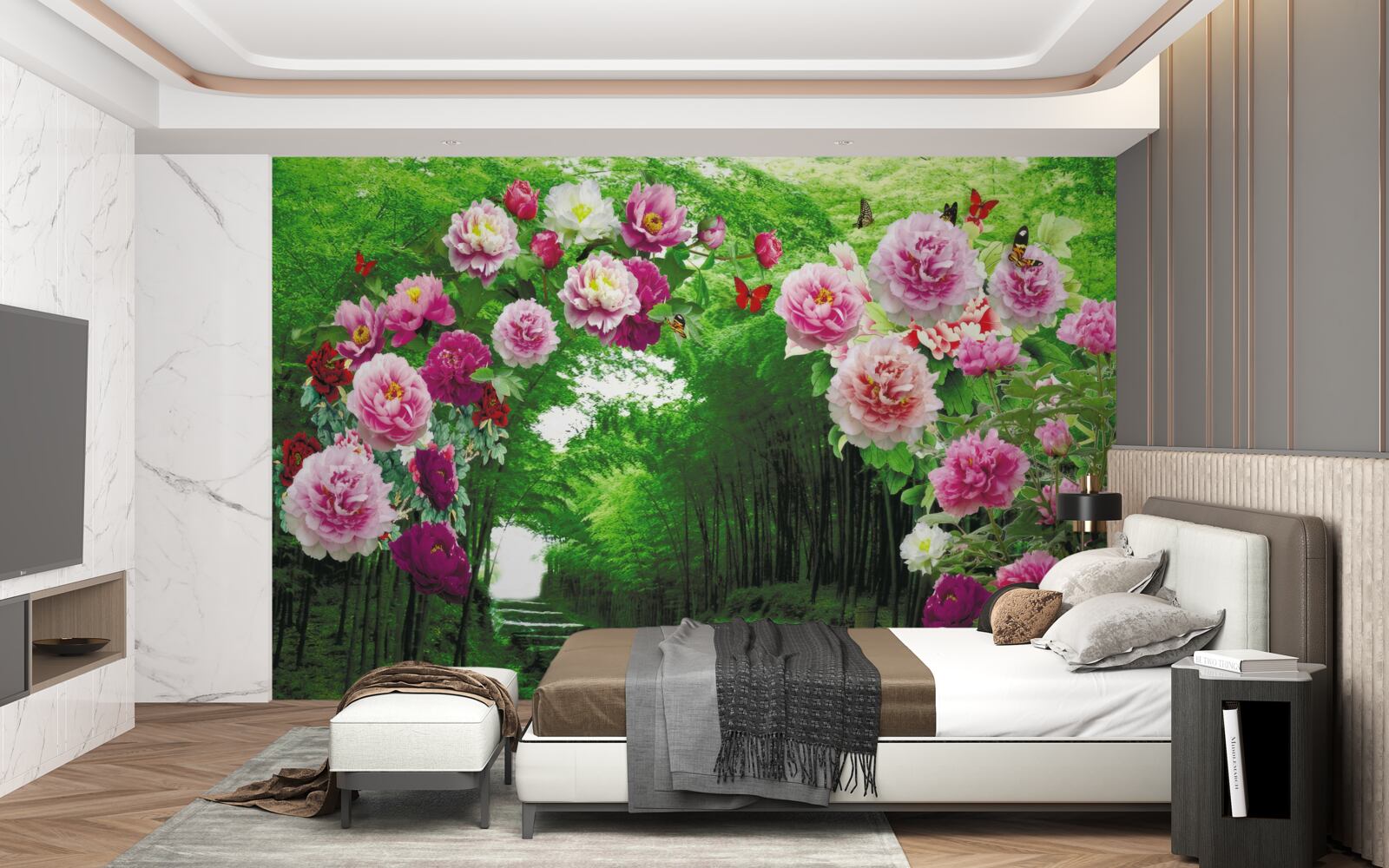 Фотошпалери рожеві квіти на вході до лісу