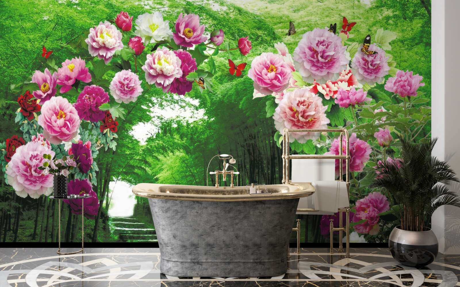 Фотошпалери рожеві квіти на вході до лісу