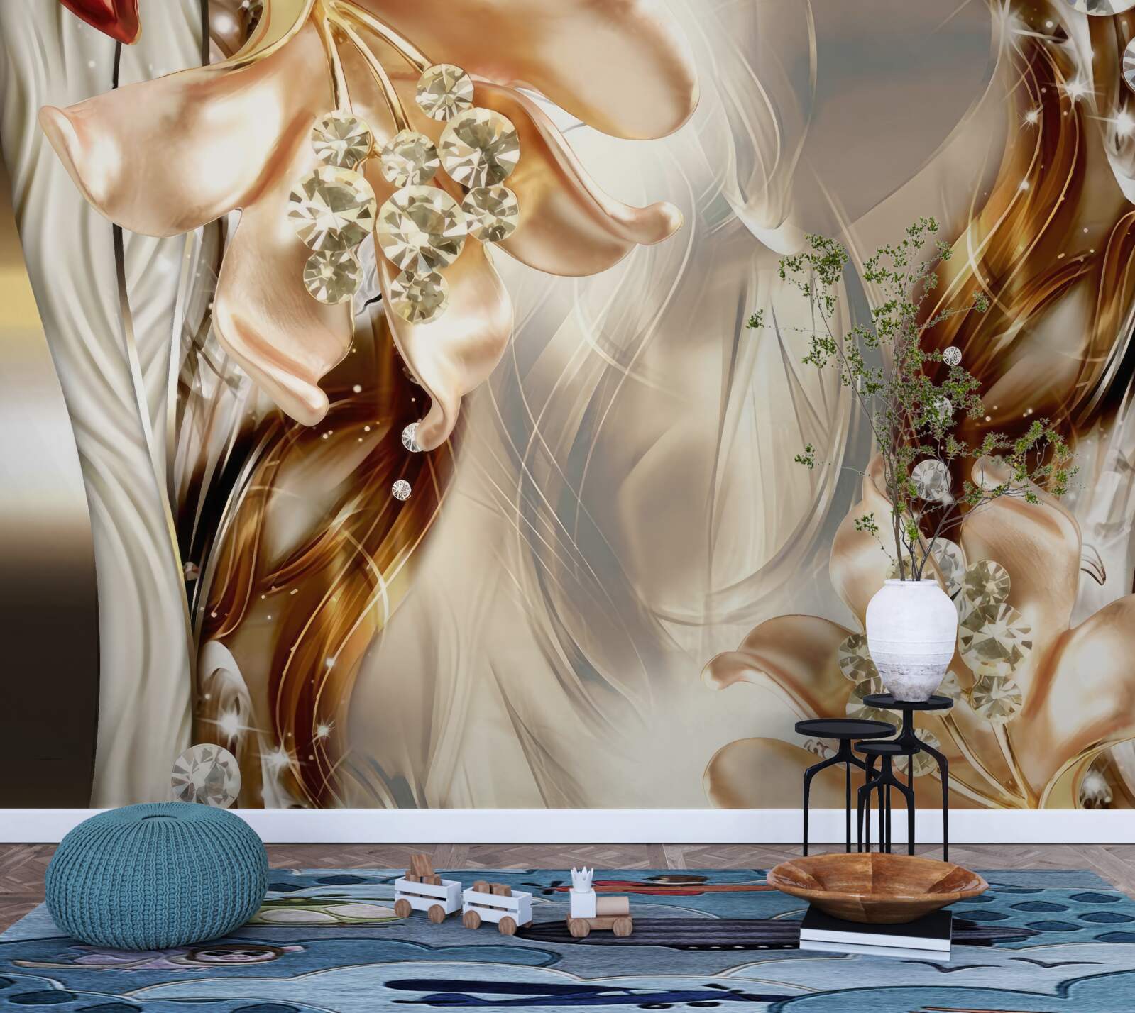 Фотошпалери золоті квіти з кам'яними прикрасами