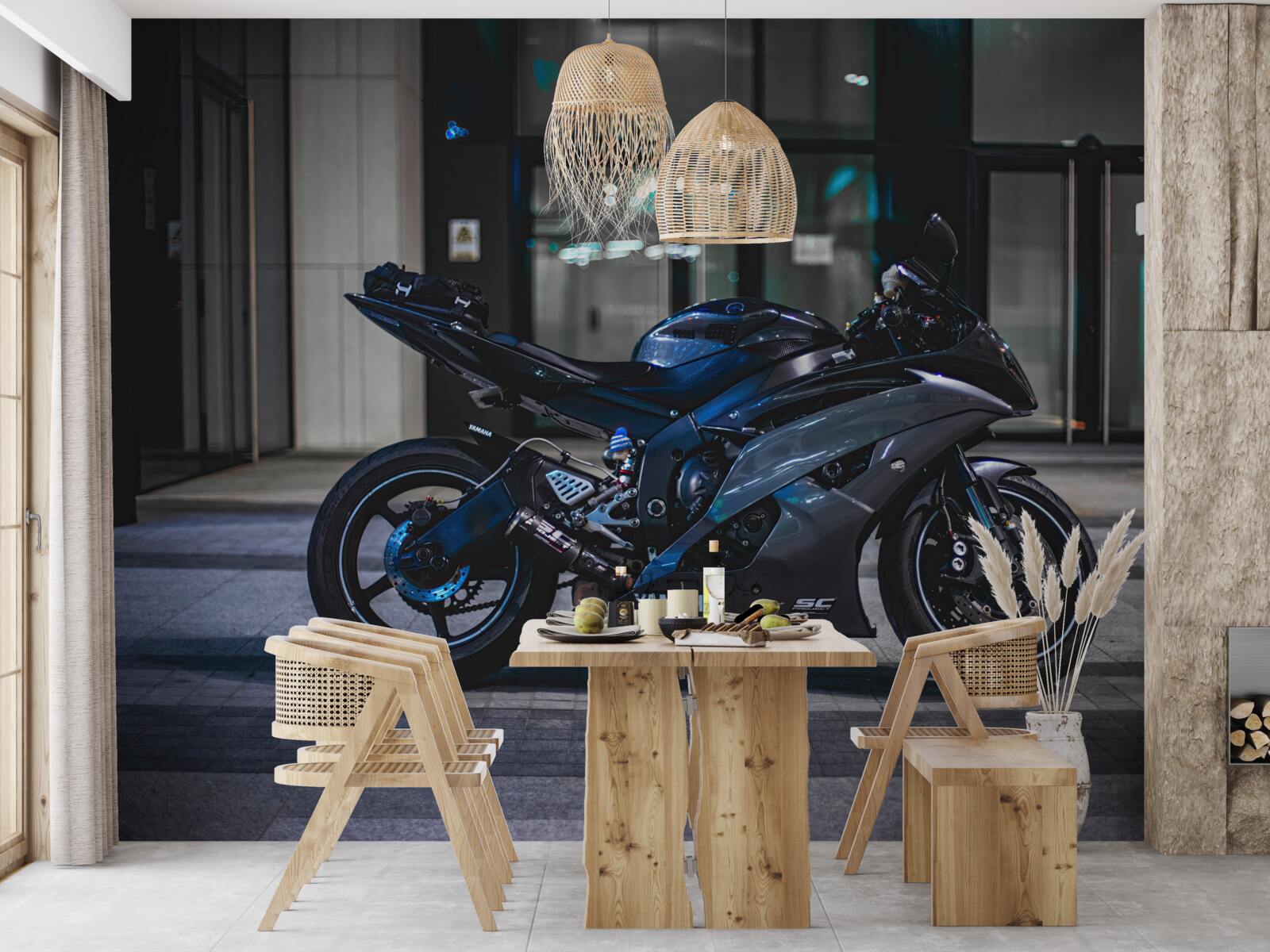 Фотошпалери темно-синій мотоцикл, залишений на парковці