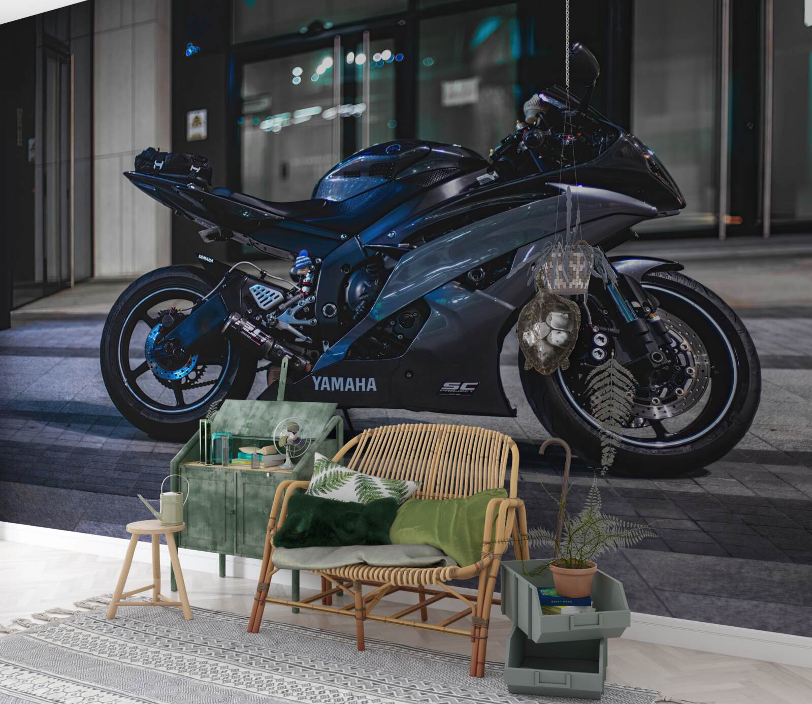 Фотошпалери темно-синій мотоцикл, залишений на парковці