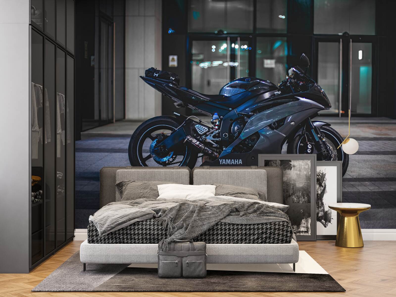 Фотошпалери темно-синій мотоцикл, залишений на парковці