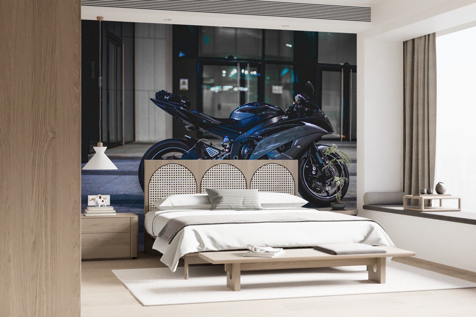 Фотошпалери темно-синій мотоцикл, залишений на парковці