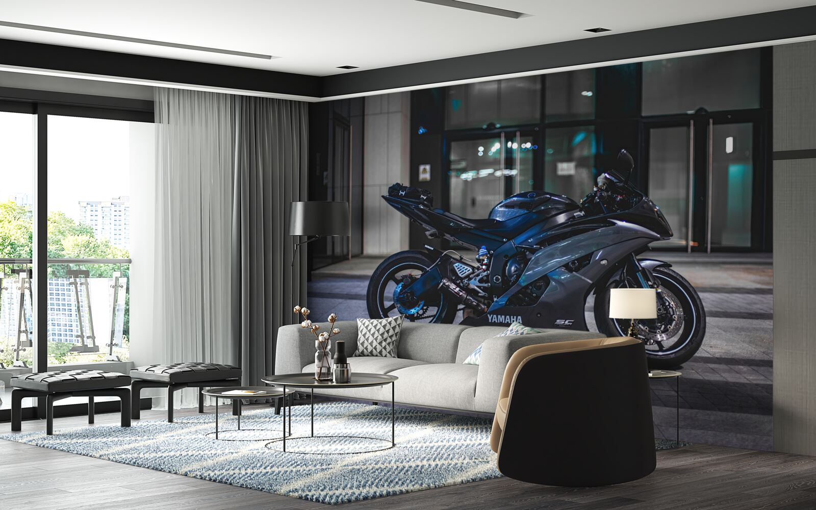 Фотошпалери темно-синій мотоцикл, залишений на парковці