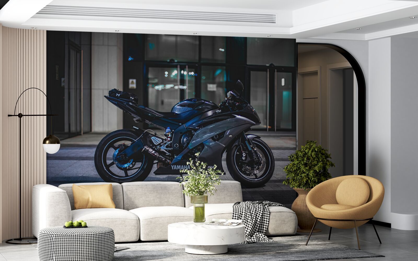 Фотошпалери темно-синій мотоцикл, залишений на парковці