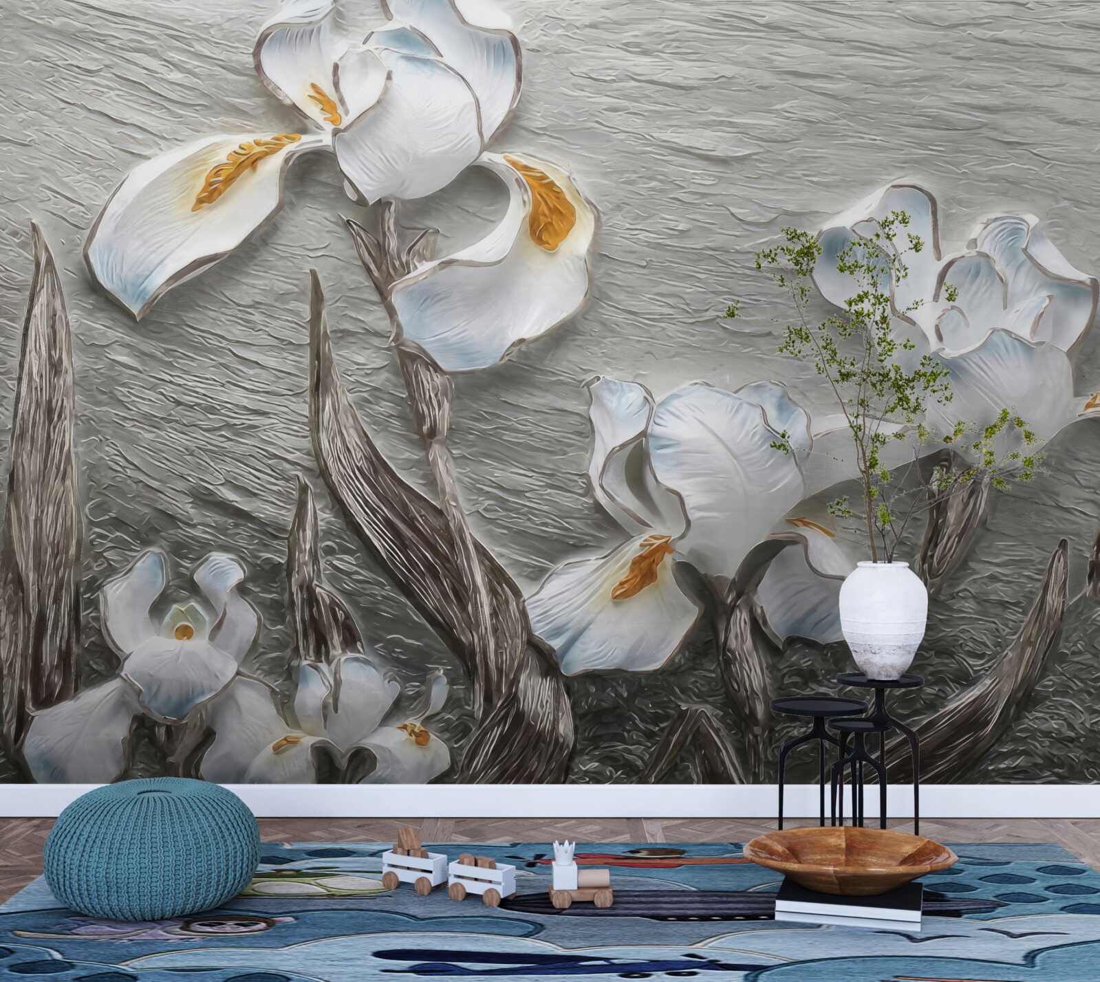 Фотошпалери об'ємні білі квіти, показані на фото