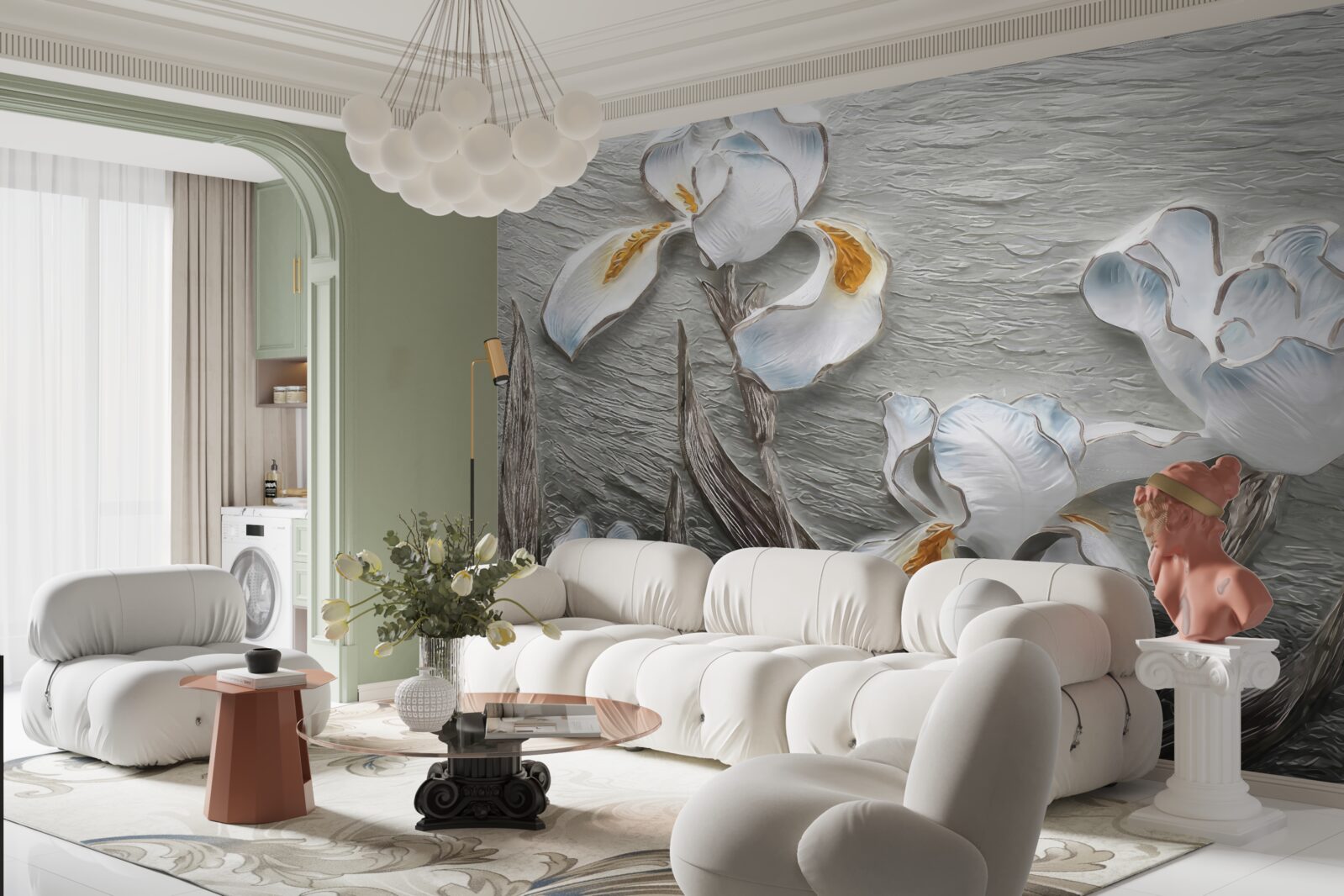 Фотошпалери об'ємні білі квіти, показані на фото