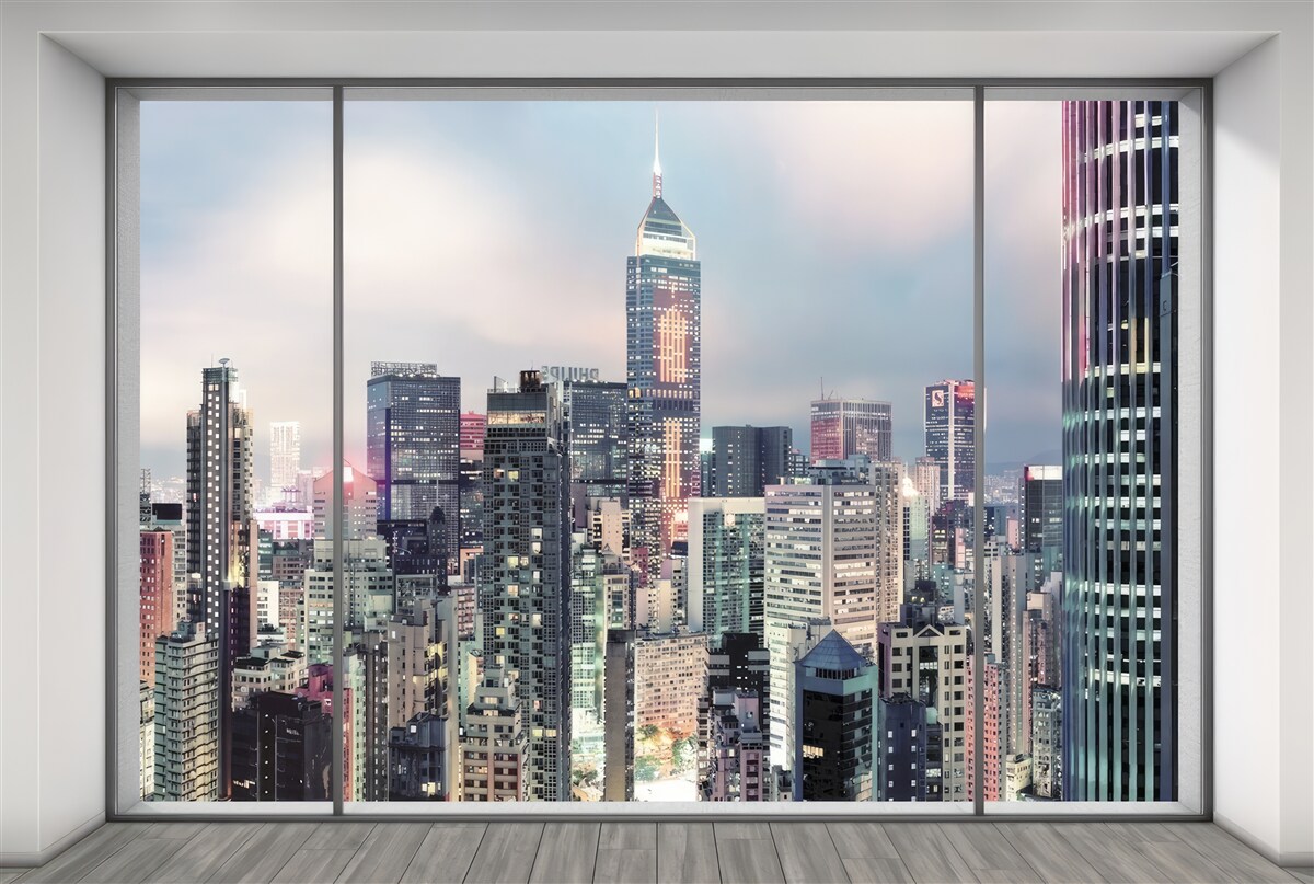 Фотошпалери вечірній краєвид міста, що відкривається з вікна