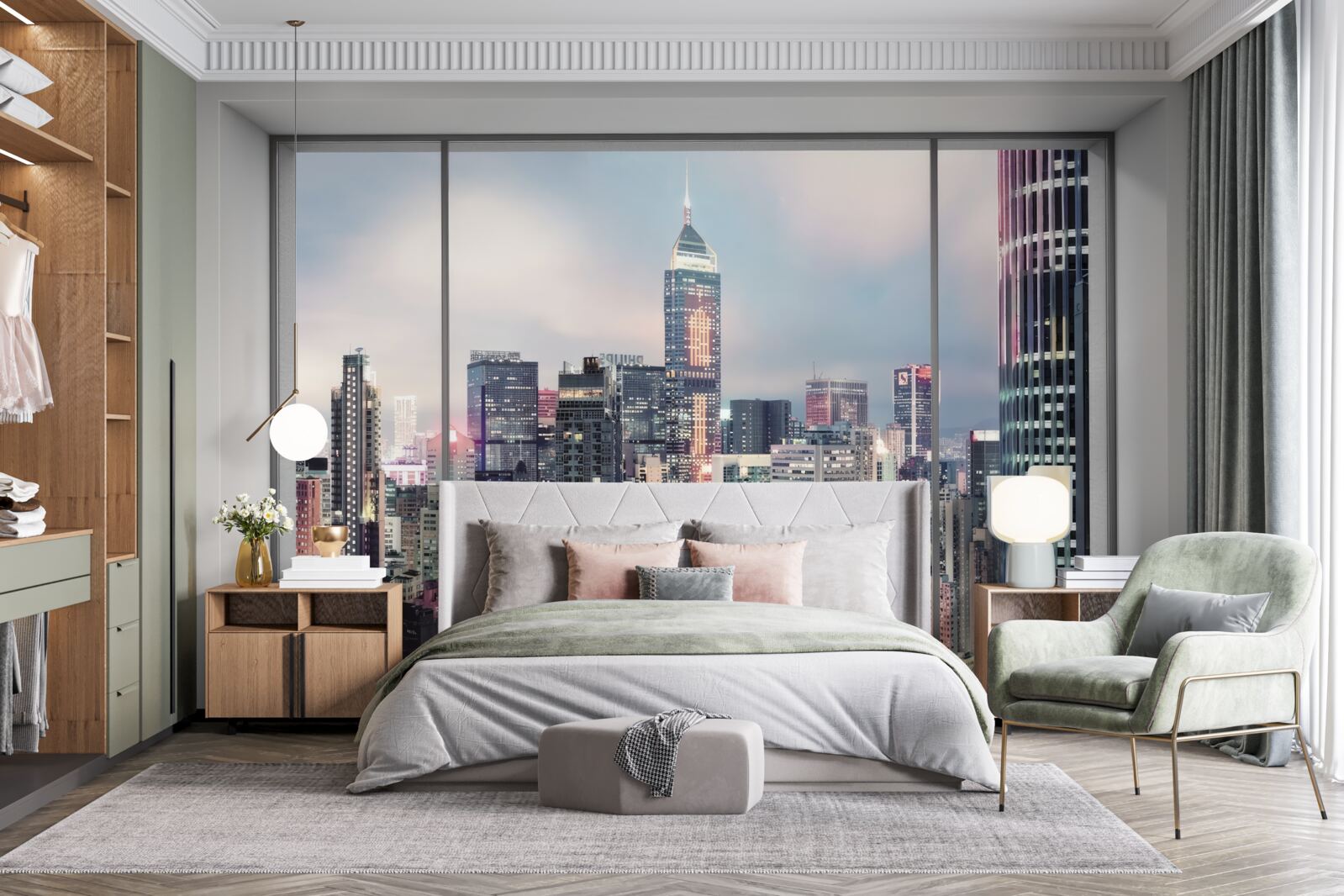 Фотошпалери вечірній краєвид міста, що відкривається з вікна