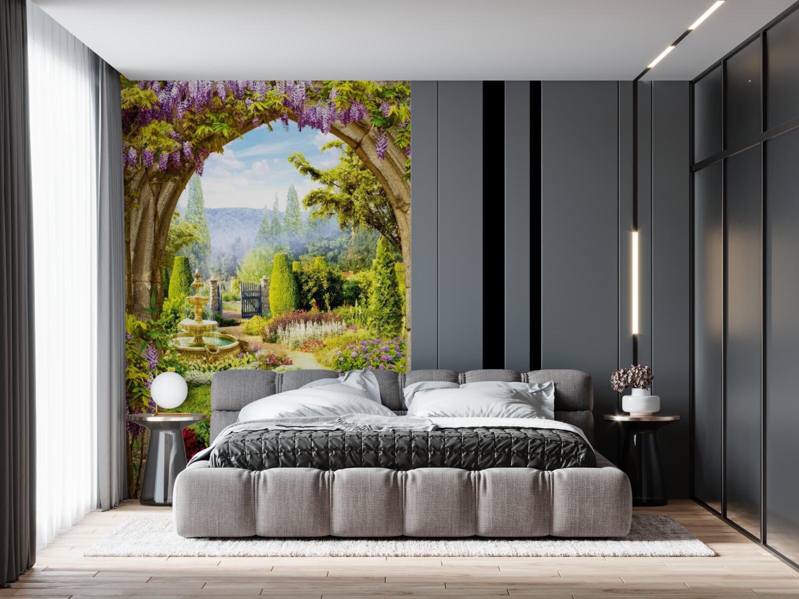 Фотошпалери розкішний квітучий сад з фонтаном