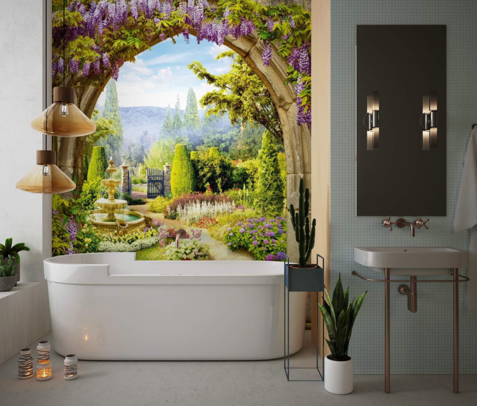 Фотошпалери розкішний квітучий сад з фонтаном