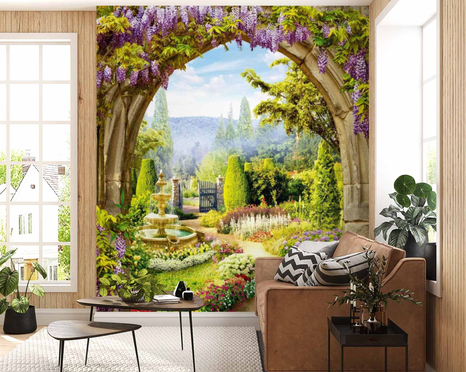 Фотошпалери розкішний квітучий сад з фонтаном