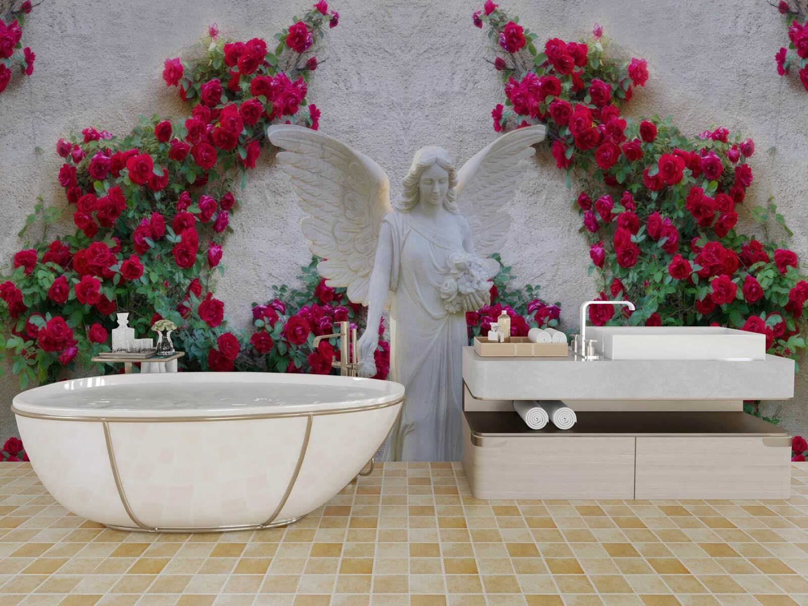 Фотошпалери статуя ангела в оточенні червоних квітів