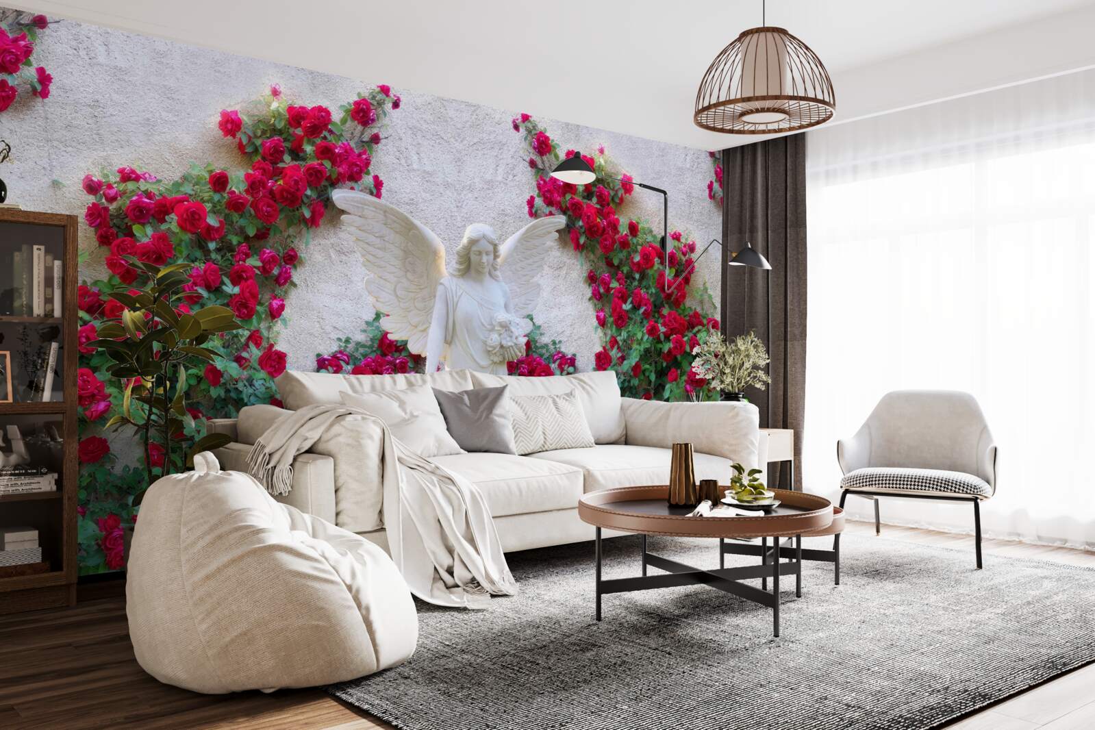 Фотошпалери статуя ангела в оточенні червоних квітів