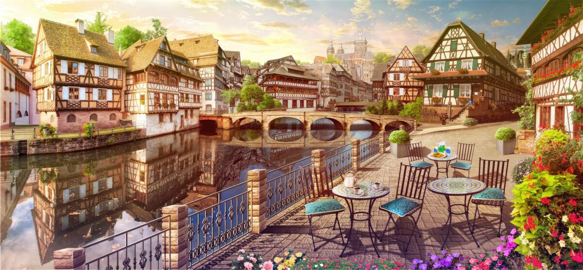 Фотошпалери столики біля води в історичній частині міста