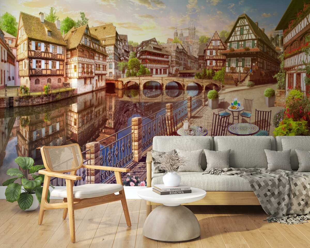 Фотошпалери столики біля води в історичній частині міста