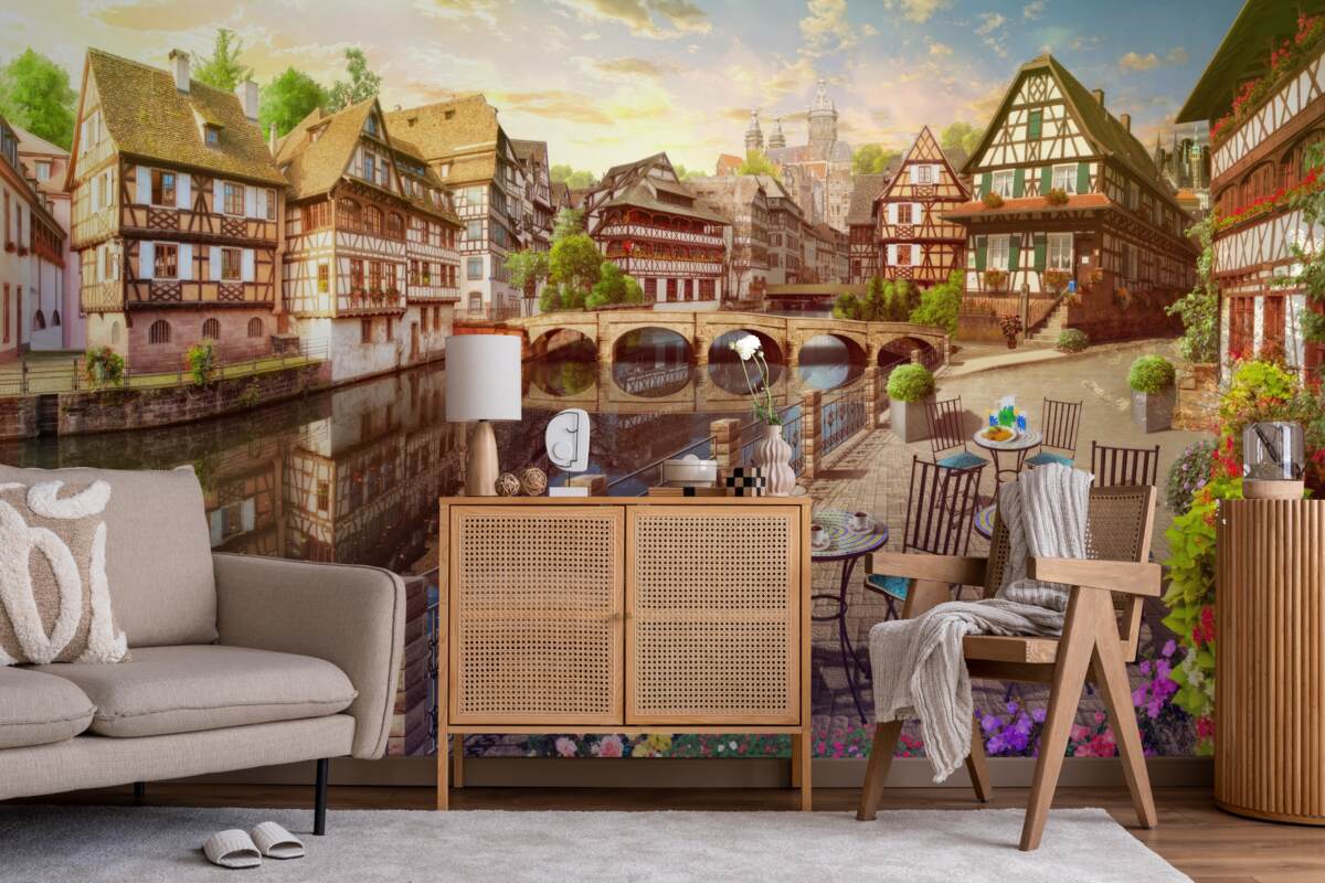 Фотошпалери столики біля води в історичній частині міста