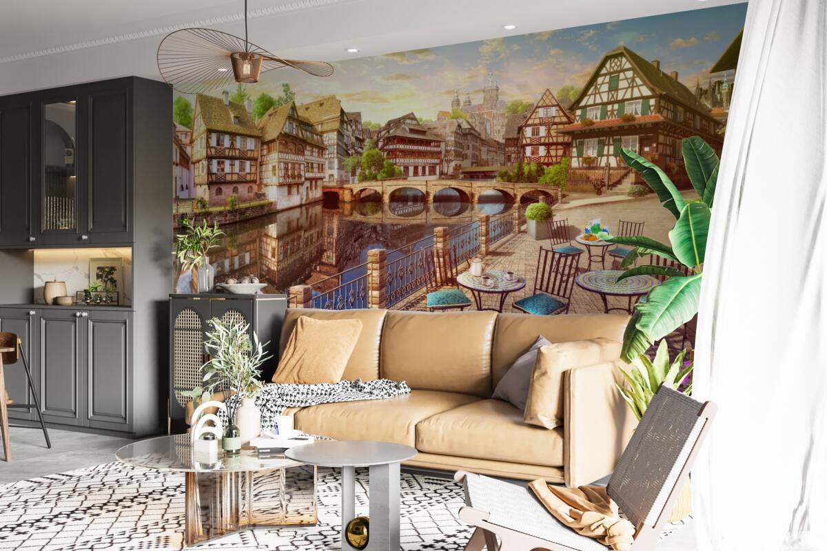 Фотошпалери столики біля води в історичній частині міста