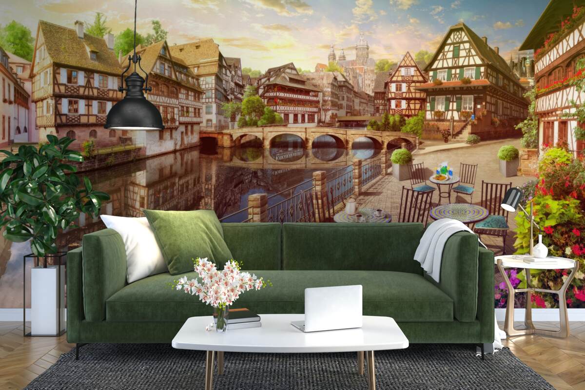 Фотошпалери столики біля води в історичній частині міста