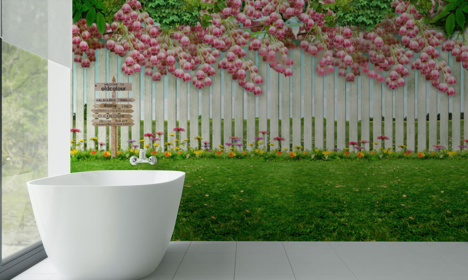 Фотошпалери рожеві квіти каскадом падають через білий паркан